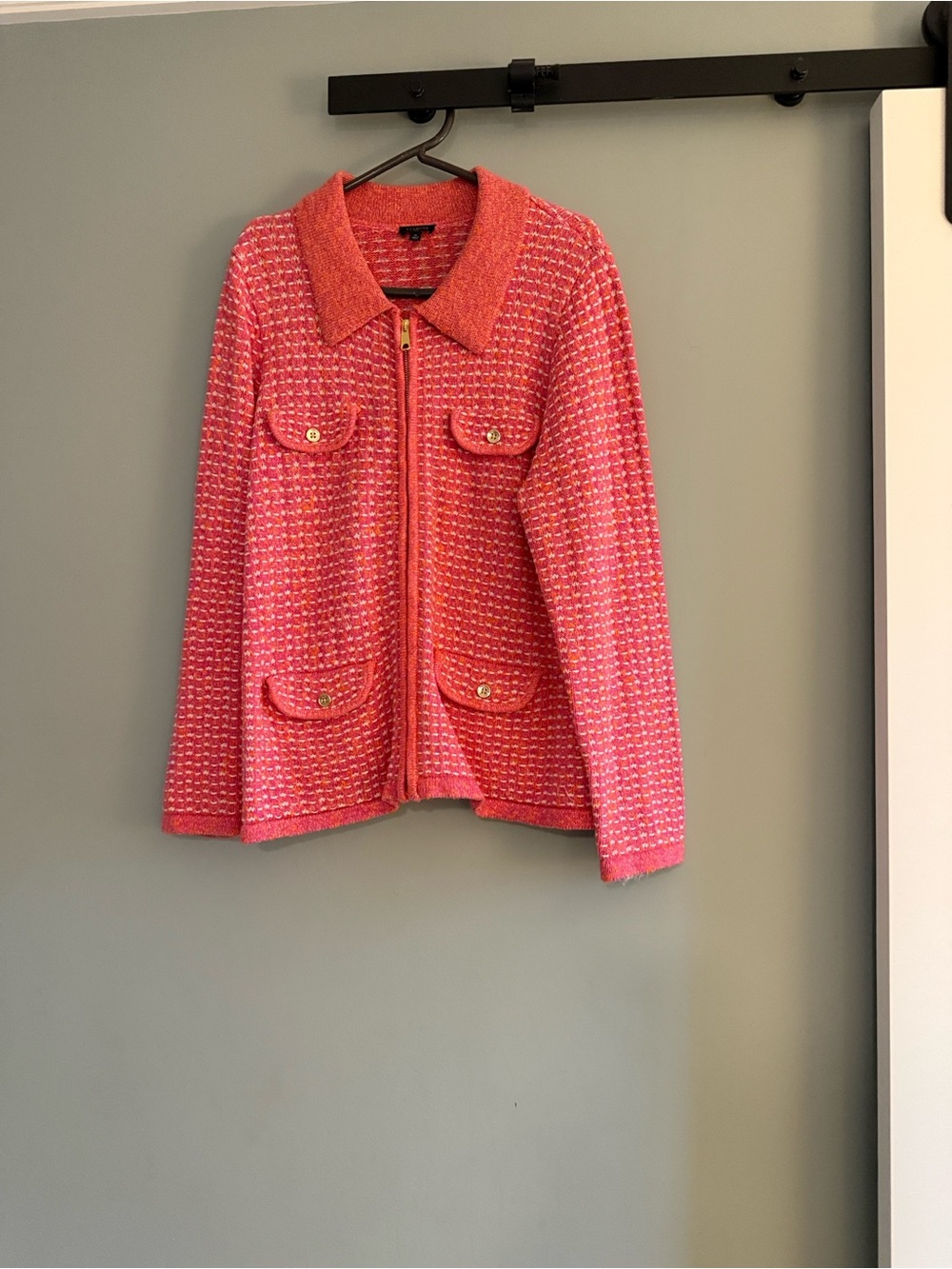 Talbots Pink Tweed Sweater Zip Jacket with Patch Pockets gold detail